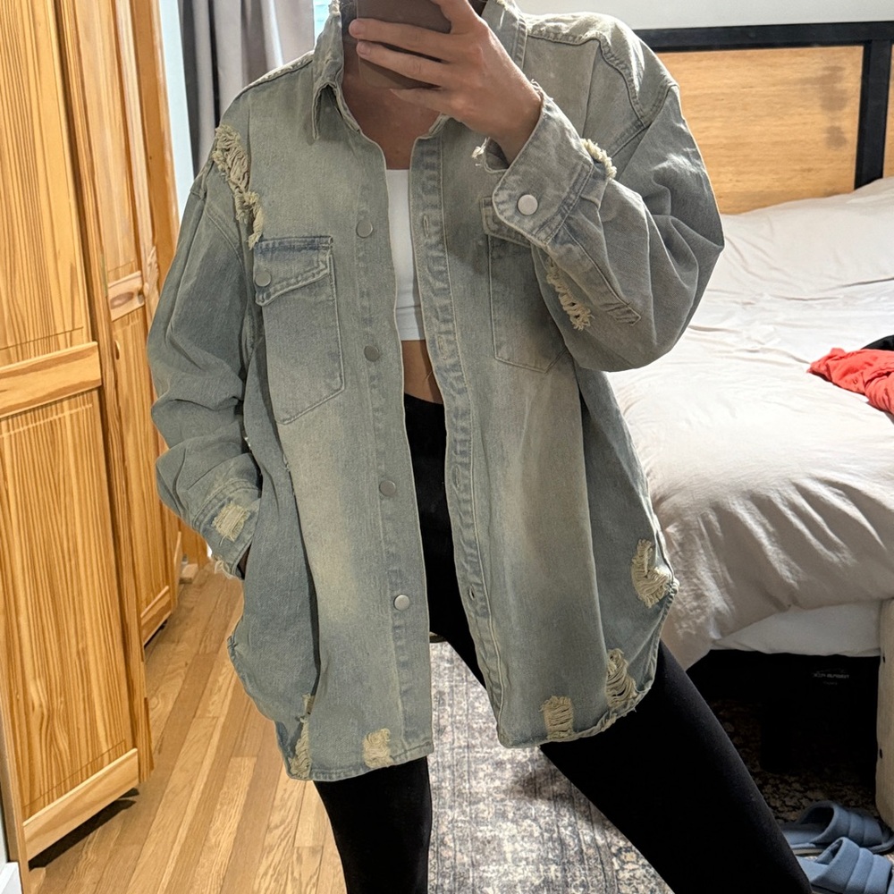 Fashion Nova Light Blue Distressed Jacket
